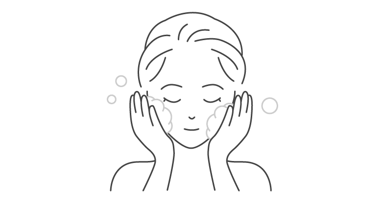 3.お顔全体を泡で包み込むようにやさしく洗い、その後充分に洗い流します。